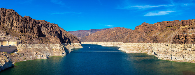 Panorama of Low water level strip on cliff at lake Mead. View from Hoover Dam at Nevada and Arizona border, USA