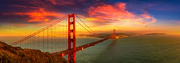 Panorama of  Golden Gate Bridge in San Francisco at sunset, California, USA