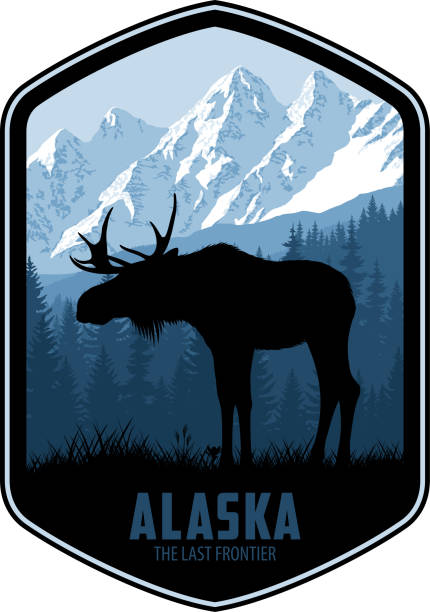 ilustraciones, imágenes clip art, dibujos animados e iconos de stock de etiqueta vectorial de alaska con toro de alce y bosque de bosque de montañas - alce macho