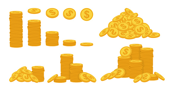 Gold coin pile cartoon style set. Neat money piles, various bunche gold coins heap. Mountain currency icons. Pennies hundreds bunches, cash, accumulation finance bank. Isolated vector illustration