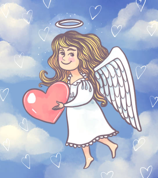 cartoon süße illustration postkarte. der engel, der das herz hält. süßes mädchen mit flügeln - angel cherub heart shape smiling stock-grafiken, -clipart, -cartoons und -symbole