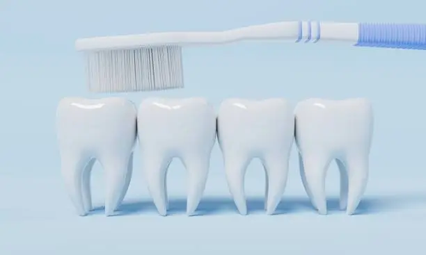 Photo of Teeth brushing by toothbrush on blue background. Health care and medical concept. 3D illustration rendering