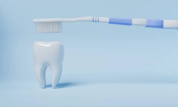 Photo of Tooth brushing by toothbrush on blue background. Health care and medical concept. 3D illustration rendering