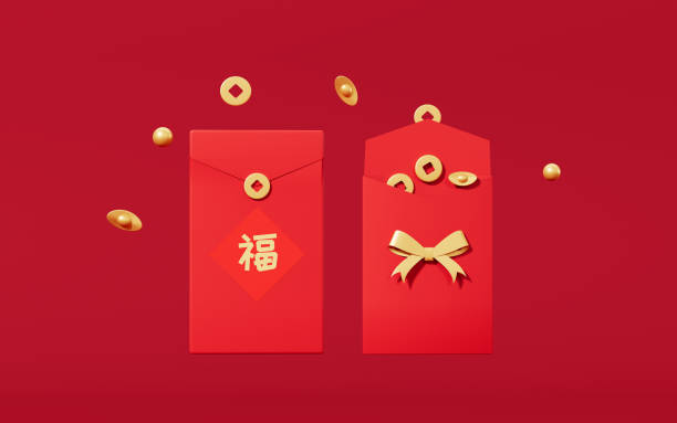 赤い背景を持つ赤いパケット、バッグに翻訳"祝福"、3dレンダリング。 - hong bao ストックフォトと画像