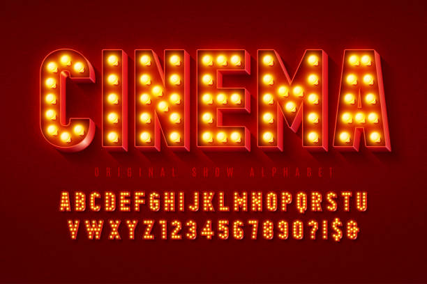 ilustrações, clipart, desenhos animados e ícones de design de alfabeto de cinema retrô, cabaré, letras e números de lâmpadas led. - cinema