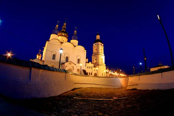 Night view of the Sophia Cathedral of the Assumption  in the city of Tobolsk. Russia