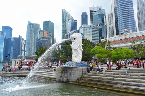 Singapore City, SINGAPORE : 24 November 2019 : The Merlion is the official mascot of Singapore. Mythical creature with a lion's head and the body of a fish, Located at Marina Bay waterfront.