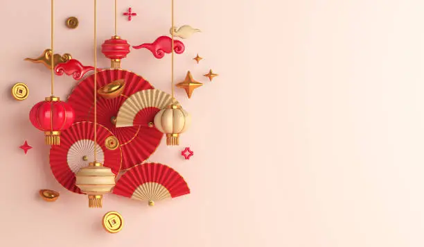 Photo of Chinese new year background 2022 with lantern, Chinese gold coin, hand fan umbrella, copy space text, 3d rendering illustration