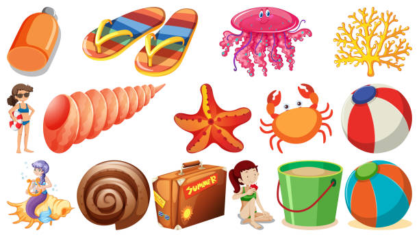 Set Of Summer Beach Objects And Cartoon Characters Stock Illustration -  Download Image Now - Mermaid, Acting - Performance, Animal - iStock