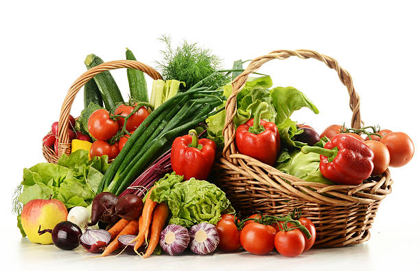 istock Composition with variety of raw vegetables in wicker baskets 136166207