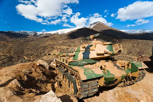 Closeup back view of M-60 Army Tank on nature background.