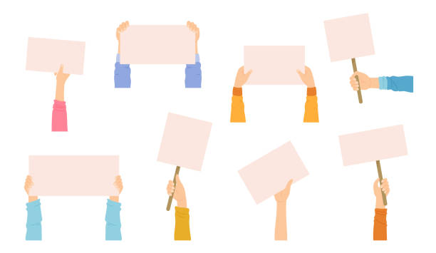 illustrations, cliparts, dessins animés et icônes de les mains des gens tenant des bannières et des pancartes vierges - tenir