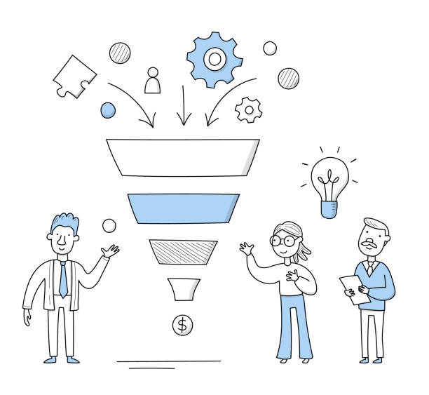 ilustrações de stock, clip art, desenhos animados e ícones de business funnel concept, people and sales funnel - drawing diagram business cycle