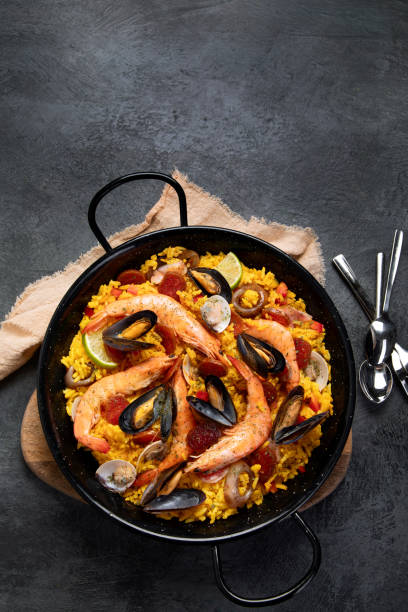istock Seafood Paella on gray background. 1361670176