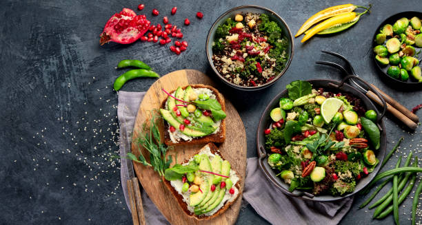 istock Vegan dishes assortment on gray background. 1361670286