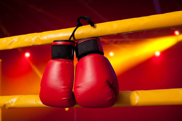 istock Red boxing gloves hangs off the boxing ring 1361670901