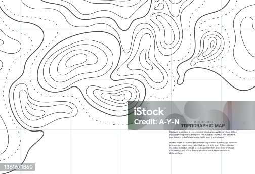 istock Topographic map abstract background. Outline cartography landscape. Topographic relief map on white backdrop. Modern cover design with wavy lines. Vector illustration with weather map outline pattern. 1361671860