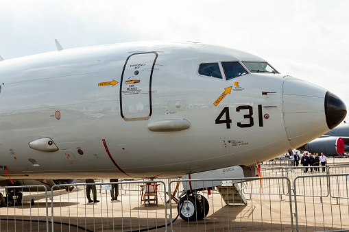 Changi Airport, Singapore - February 12, 2020 : Boeing P-8 Poseidon Maritime Patrol Aircraft (Reg 168431) Of United States Air Force On Display In Singapore Airshow.