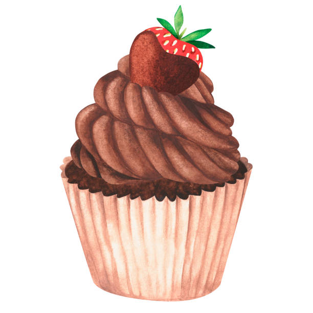 bildbanksillustrationer, clip art samt tecknat material och ikoner med chocolate cupcake with strawberries. watercolor vintage illustration. isolated on a white background - strawberry cake