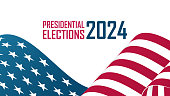 2024 United States Presidential Elections Banner with waving American national flag. US President Election Day background.