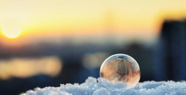 istock Frozen soap bubble on snow  at sunset 1361678908