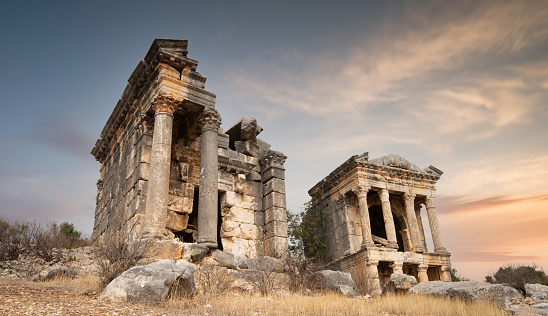 Uzuncaburc antique city mausoleums. Historic area is in the rural area of Silifke district. Goddess of fortune. Roman, late first century AD. Turkey travel destination points. Mersin, Turkey