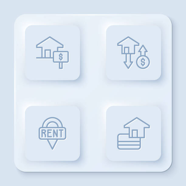 달러, 위치 키 및 신용 카드와 라인 하우스를 설정합니다. 흰색 정사각형 버튼. 벡터 - real estate credit card sign map stock illustrations