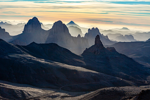 Ahaggar mountains in the sahara desert of algeria at sunrise