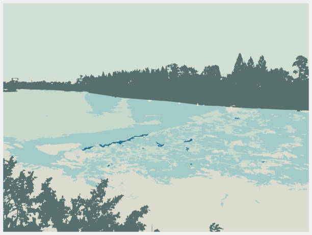 color woodcut style chinese country landscape,flowing river