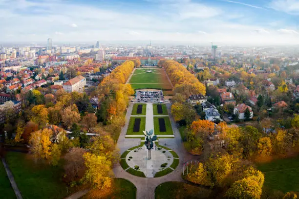 Aerial view of the Jasne Blonia square in Kasprowicz Park with historic building of the City Hall and  Szczecin, Poland