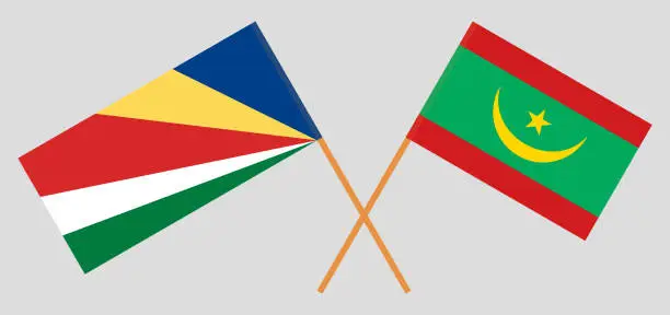Vector illustration of Crossed flags of Seychelles and Mauritania. Official colors. Correct proportion