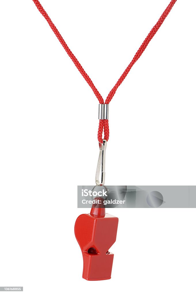 Red sports whistle on a red string on a white background Sports whistle with a lace. It is isolated on a white background Whistle Stock Photo