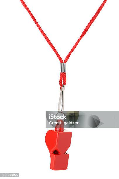 Red Sports Whistle On A Red String On A White Background Stock Photo - Download Image Now