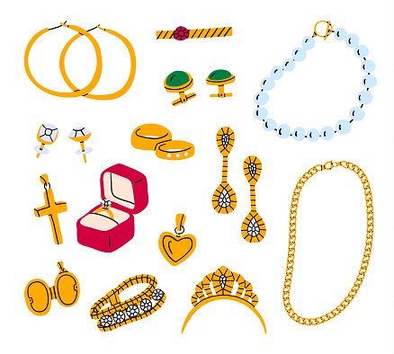 Cartoon Color Golden Precious Jewelry Icon Set Include of Necklace, Ring, Earring and Bracelet. Vector illustration of Icons