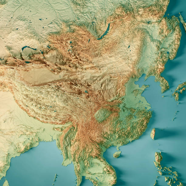 la chine 3d rendent la couleur de la carte topographique - yellow sea photos et images de collection