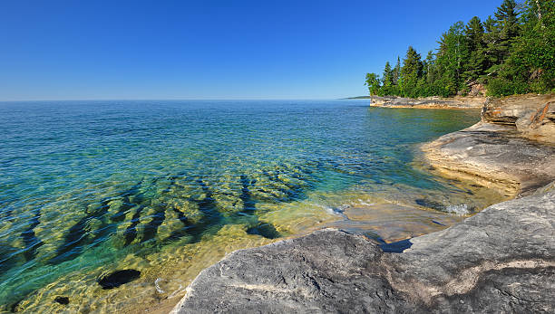 "Michigan's Caribbean" Pristine  waters of Lake Superior Pictured Rocks Pristine clear waters of Lake Superior Pictured Rocks National Lake-shore ,near Munising, Michigan USA great lakes photos stock pictures, royalty-free photos & images