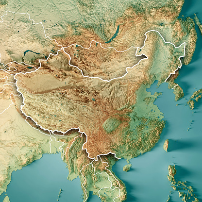 3D Render of a Topographic Map of China. Version with Country Boundaries.
All source data is in the public domain.
Color texture and lakes: Made with Natural Earth. 
http://www.naturalearthdata.com/downloads/10m-raster-data/10m-cross-blend-hypso/
https://www.naturalearthdata.com/downloads/10m-physical-vectors/
Relief texture: GMTED2010 data courtesy of USGS. URL of source image: https://topotools.cr.usgs.gov/gmted_viewer/viewer.htm
Water texture: HIU World Water Body Limits:
http://geonode.state.gov/layers/?limit=100&offset=0&title__icontains=World%20Water%20Body%20Limits%20Detailed%202017Mar30