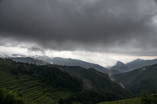 High Mountains with dark clouds, bad weather