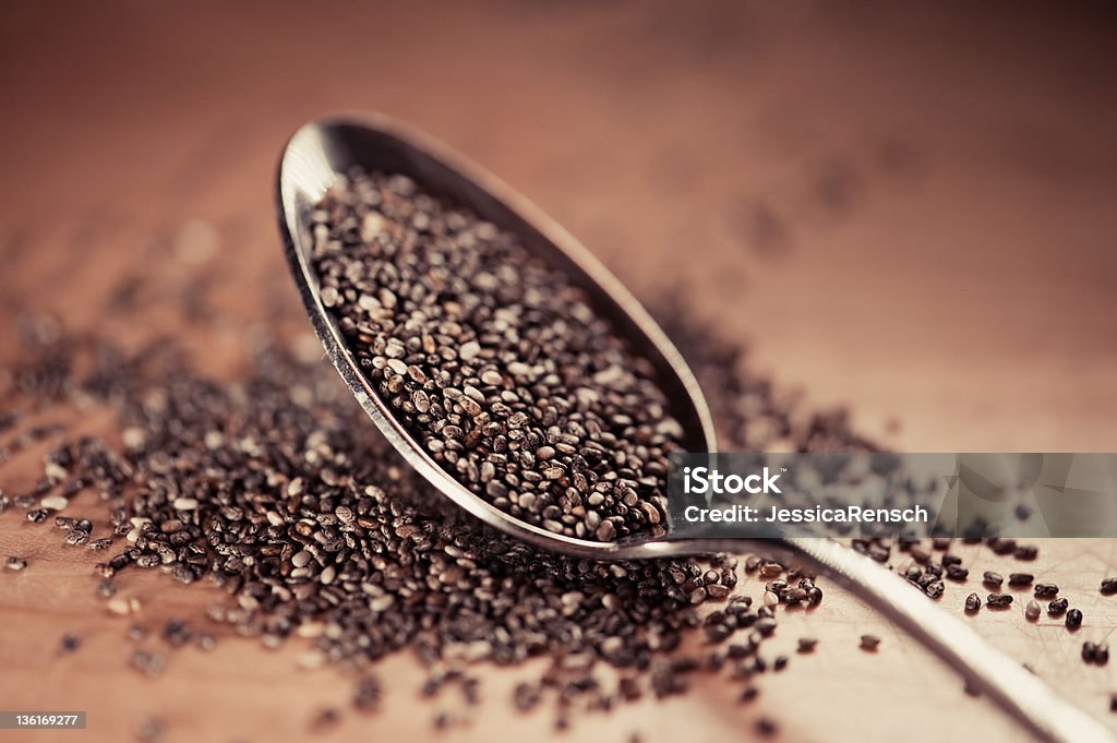 Close-up Chia Chia Seeds in a Spoon. Chia Seeds on a Table. Chia seed Stock Photo