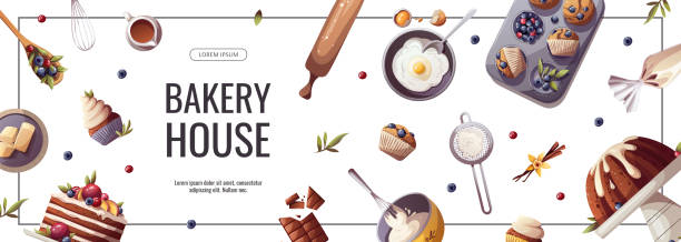 ilustrações, clipart, desenhos animados e ícones de design de banner para panificação, padaria, culinária, produtos doces, sobremesa, massa. - bakery baking store food