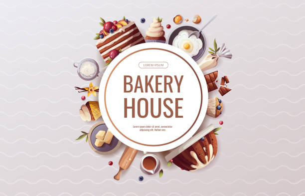banner-design für backen, bäckerei, kochen, süße produkte, dessert, gebäck. - baking stock-grafiken, -clipart, -cartoons und -symbole