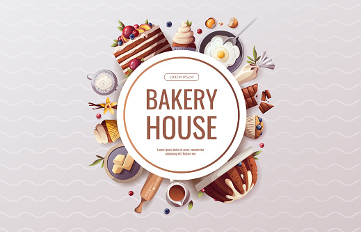 Banner design for baking, bakery shop, cooking, sweet products, dessert, pastry. Vector illustration for poster, banner, cover, flyer, menu, advertising.