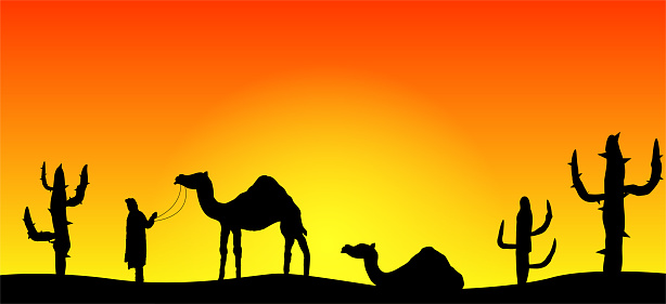 Desert Landscape Sunset with Bedouin and Camels