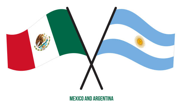 флаги мексики и аргентины скрещены и развеваются в плоском стиле. официальная пропорция. правильные цвета. - mexico argentina stock illustrations