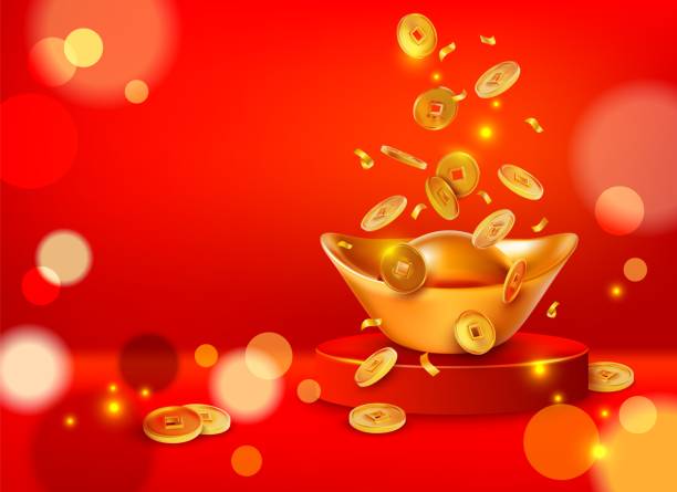 istock Realistic Detailed 3d Yuan Bao Chinese Gold and Falling Coins on Podium Round Stage. Vector 1361693595