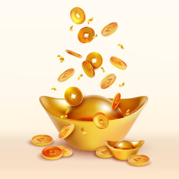 Realistic Detailed 3d Yuan Bao Chinese Gold and Falling Coins Set. Vector vector art illustration