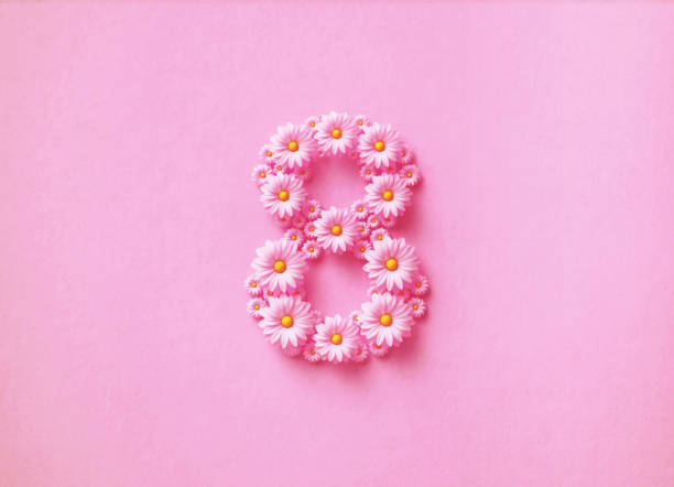Daisies forming number 8 on pink background. Horizontal composition with copy space. Women's Day concept.