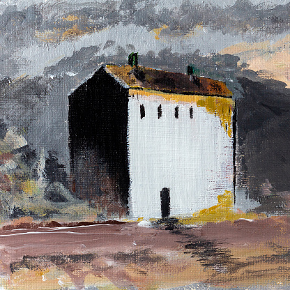 Abstract minimalistic landscape with a lonely house or barn on a hill painted with acrylics on canvas