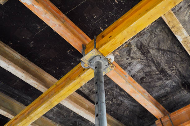 The supports of monolithic floor formwork at a construction site. Telescopic props for concrete flooring. Construction of a modern apartment building