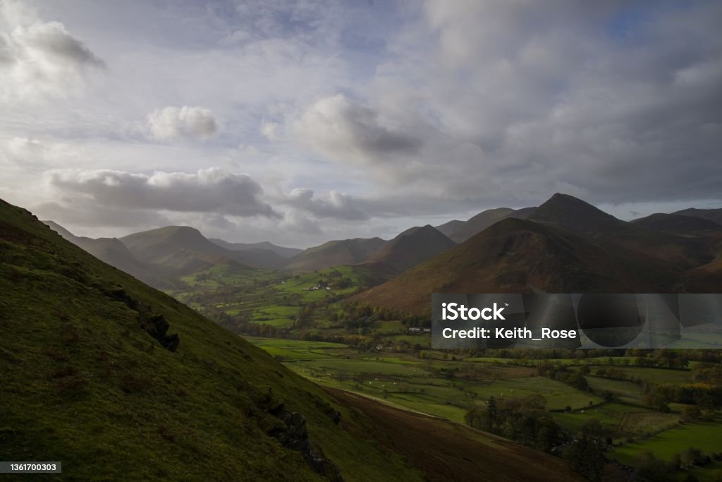 Causey Pike from Catbells Fell, the Lake District The view of Causey Pike, Rowling End fells and Little Town, taken from Catbells Fell. Taken near Keswick, The Lake District in Cumbria, England. Adventure Stock Photo